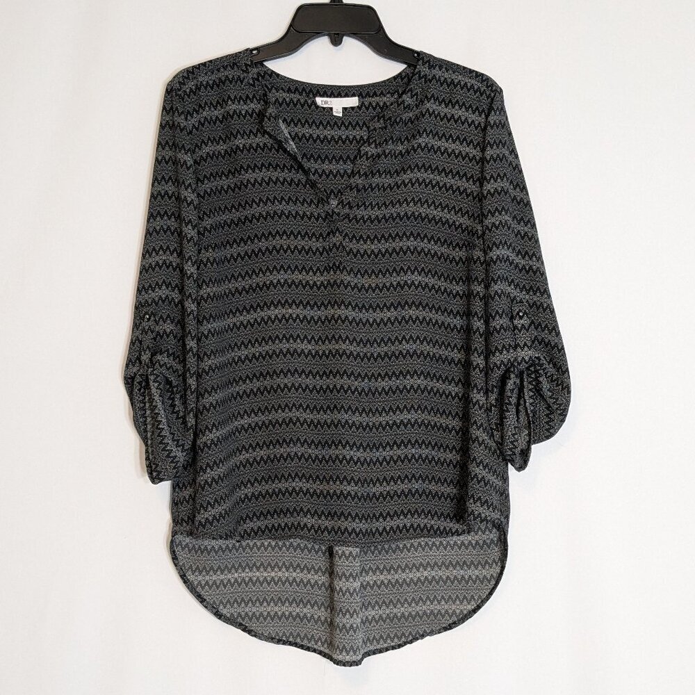 DR2 Black/Gray Zig Zag Chiffon 3/4 Sleeve Pullover Blouse Top; Size PL